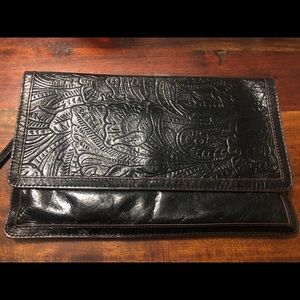Hobo Crest embossed Leather Wristlet Clutch